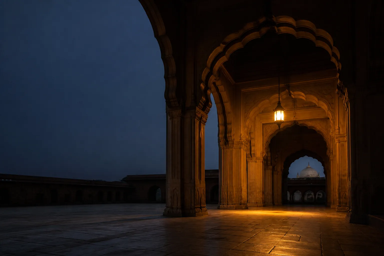 A sandstone Mughal colonnade opening onto a pale marble dome in the distance.