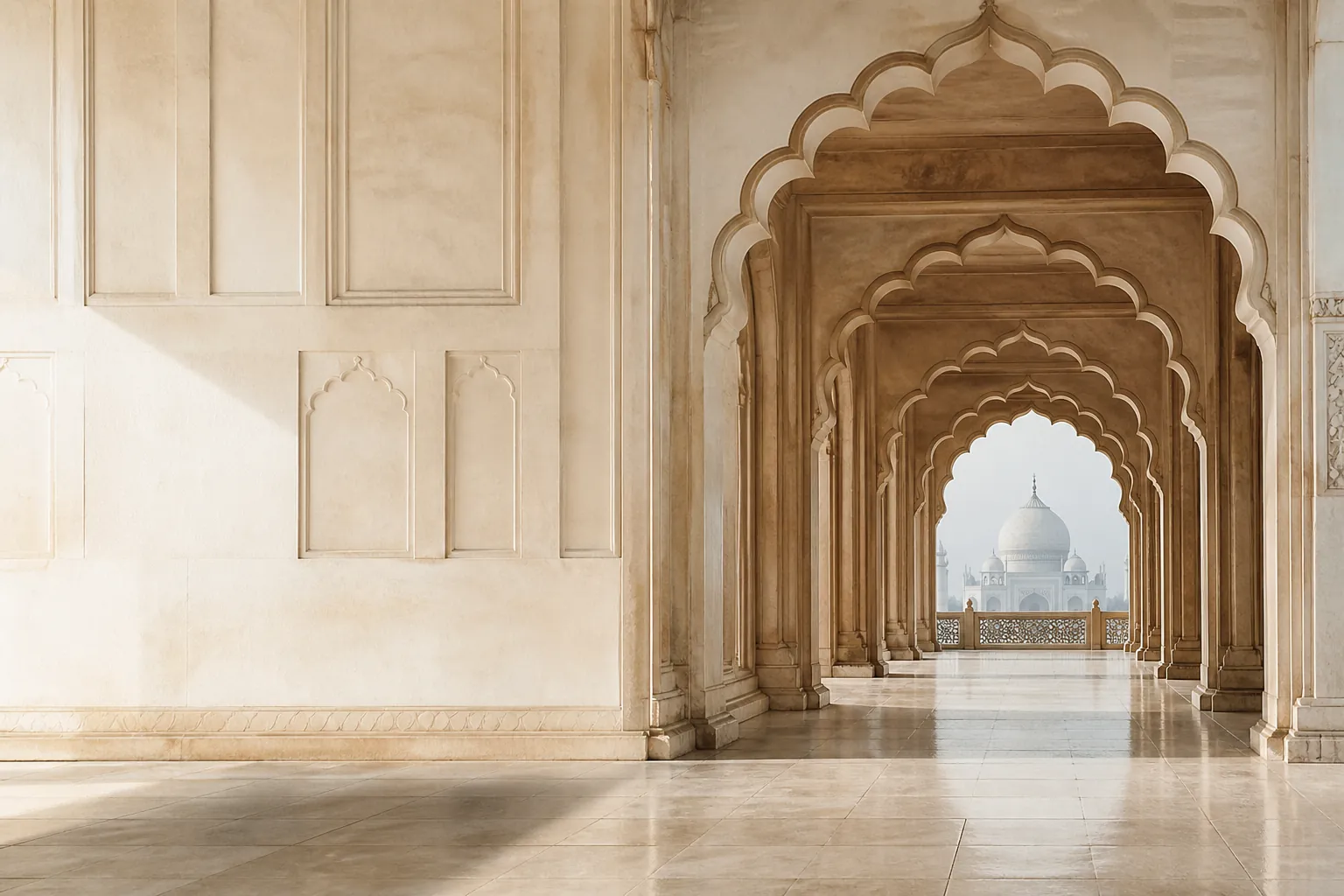 A sandstone Mughal colonnade opening onto a pale marble dome in the distance.