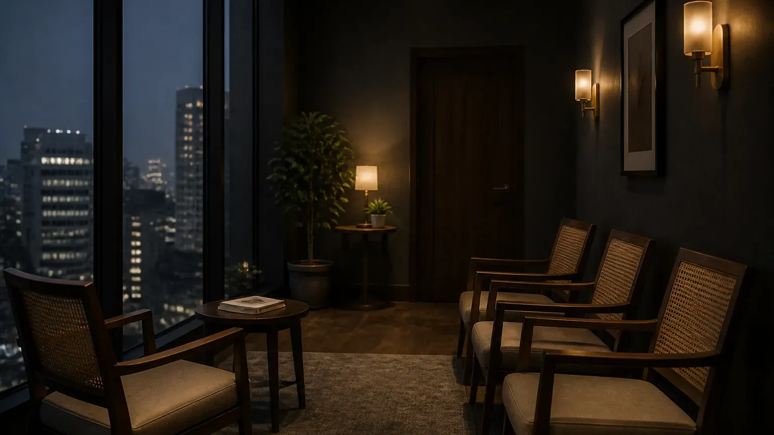 A quiet professional waiting room in morning light, empty chairs facing a reception desk.